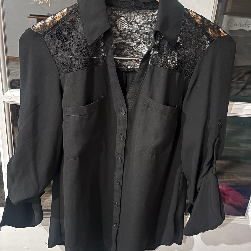 Express Black Lace Yoke Button-Down Blouse